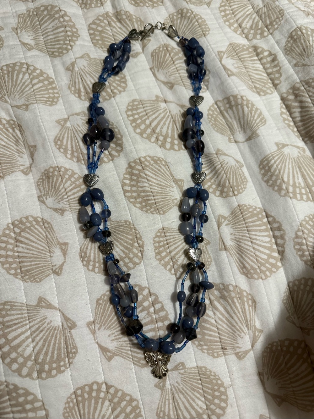 Handcrafted Blue Multi-Strand Beaded Necklace with Silver Heart Accents